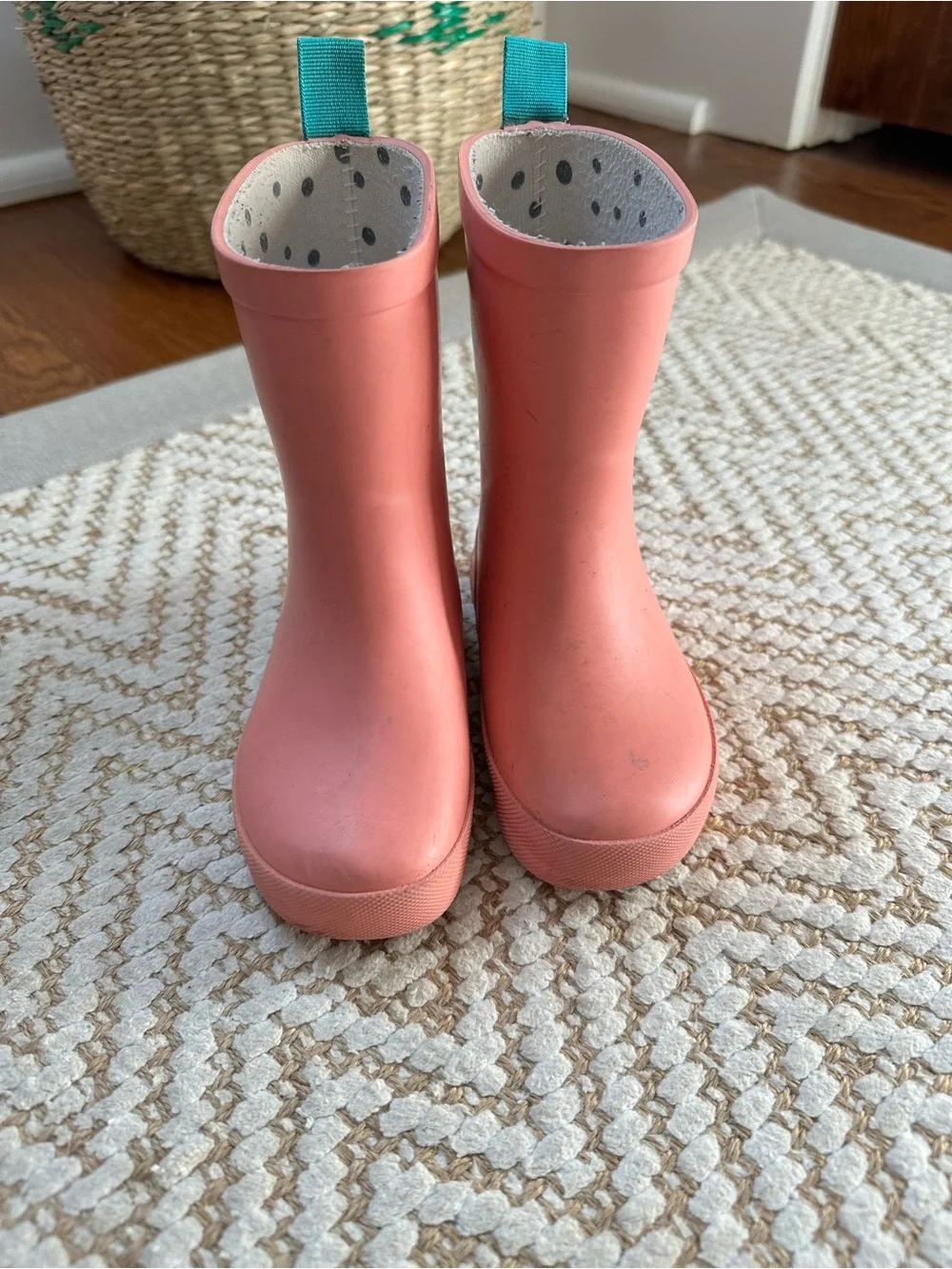 Kids Coral Waterproof Rain Boots with Teal Pull Tabs